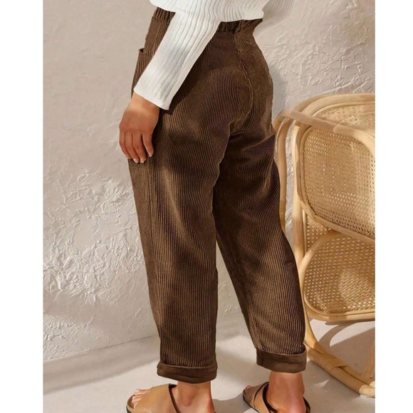 Classic Brown Stretchy Waist Corduroy Straight Leg Pants - Picture 2 of 4